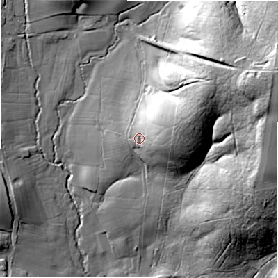 Shaded relief map of the ground around DE138RF, computed from Environment Agency LiDAR. The ground here sits at about 97 m above sea level and falls 50 m across the surrounding 800 m. Surface water reaching this point runs off ground lying to the east-north-east, 19.2 m higher.