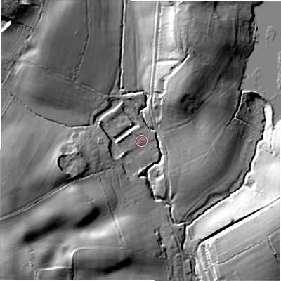 Shaded relief map of the ground around DE138SF, computed from Environment Agency LiDAR. The ground here sits at about 107 m above sea level and falls 32 m across the surrounding 800 m. Surface water reaching this point runs off ground lying to the west-south-west, 24.0 m higher.