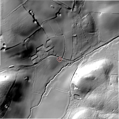 Shaded relief map of the ground around DE138SP, computed from Environment Agency LiDAR. The ground here sits at about 96 m above sea level and falls 35 m across the surrounding 800 m. Surface water reaching this point runs off ground lying to the north-north-west, 11.0 m higher.
