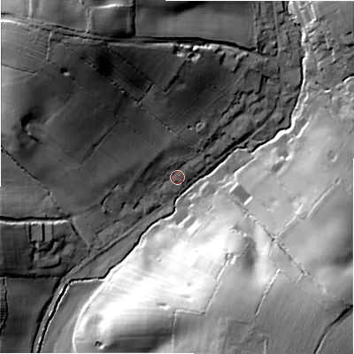 Shaded relief map of the ground around DE138SU, computed from Environment Agency LiDAR. The ground here sits at about 101 m above sea level and falls 37 m across the surrounding 800 m. Surface water reaching this point runs off ground lying to the north-west, 27.7 m higher.