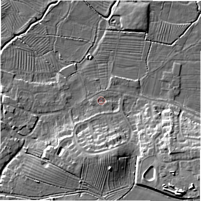 Shaded relief map of the ground around DE139AB, computed from Environment Agency LiDAR. The ground here sits at about 50 m above sea level and falls 16 m across the surrounding 800 m. Surface water reaching this point runs off ground lying to the south, 7.4 m higher.