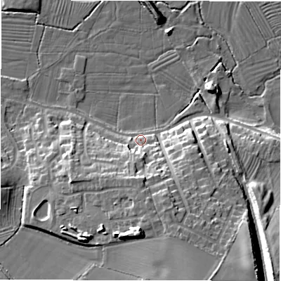 Shaded relief map of the ground around DE139AD, computed from Environment Agency LiDAR. The ground here sits at about 50 m above sea level and falls 20 m across the surrounding 800 m. Surface water reaching this point runs off ground lying to the south, 10.8 m higher.