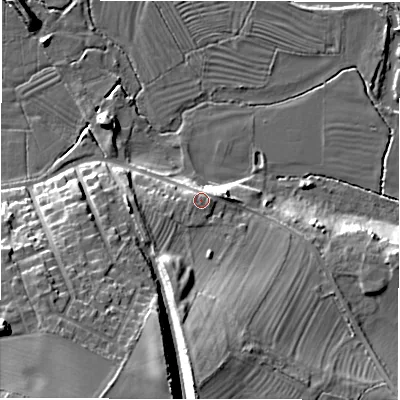 Shaded relief map of the ground around DE139AU, computed from Environment Agency LiDAR. The ground here sits at about 53 m above sea level and falls 20 m across the surrounding 800 m. Surface water reaching this point runs off ground lying to the south-south-west, 1.0 m higher.