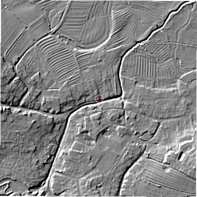 Shaded relief map of the ground around DE139BD, computed from Environment Agency LiDAR. The ground here sits at about 50 m above sea level and falls 11 m across the surrounding 800 m. Surface water reaching this point runs off ground lying to the west, 9.8 m higher.