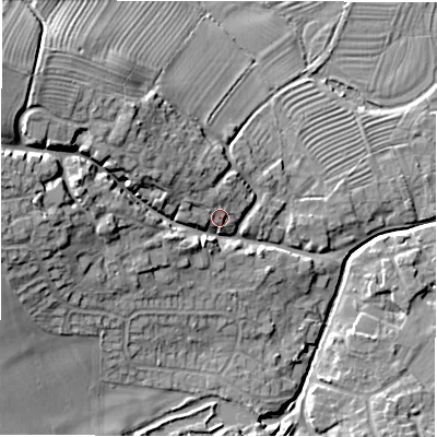 Shaded relief map of the ground around DE139BE, computed from Environment Agency LiDAR. The ground here sits at about 56 m above sea level and falls 20 m across the surrounding 800 m. Surface water reaching this point runs off ground lying to the north-west, 4.0 m higher.