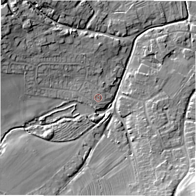 Shaded relief map of the ground around DE139BZ, computed from Environment Agency LiDAR. The ground here sits at about 53 m above sea level and falls 16 m across the surrounding 800 m. Surface water reaching this point runs off ground lying to the west, 1.2 m higher.