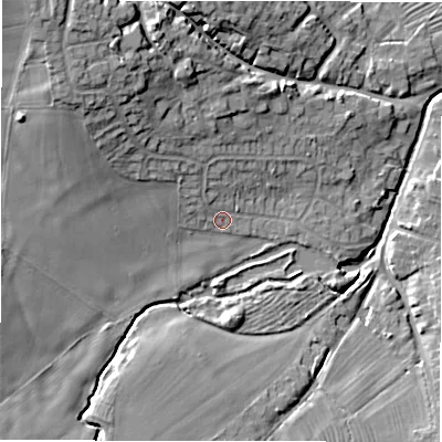 Shaded relief map of the ground around DE139DA, computed from Environment Agency LiDAR. The ground here sits at about 54 m above sea level and falls 18 m across the surrounding 800 m. Surface water reaching this point runs off ground lying to the north-west, 11.8 m higher.