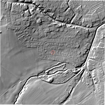 Shaded relief map of the ground around DE139DB, computed from Environment Agency LiDAR. The ground here sits at about 54 m above sea level and falls 19 m across the surrounding 800 m. Surface water reaching this point runs off ground lying to the north-west, 11.9 m higher.