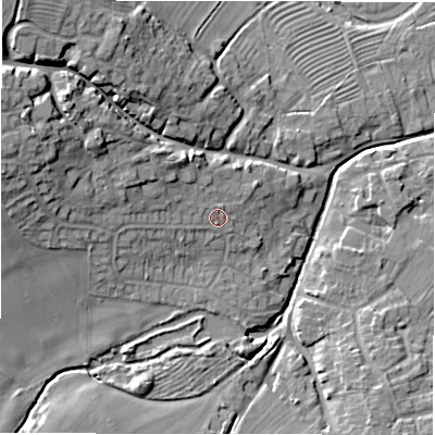 Shaded relief map of the ground around DE139DD, computed from Environment Agency LiDAR. The ground here sits at about 54 m above sea level and falls 18 m across the surrounding 800 m. Surface water reaching this point runs off ground lying to the west-north-west, 4.8 m higher.