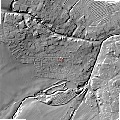 Shaded relief map of the ground around DE139DE, computed from Environment Agency LiDAR. The ground here sits at about 55 m above sea level and falls 19 m across the surrounding 800 m. Surface water reaching this point runs off ground lying to the north-west, 3.9 m higher.