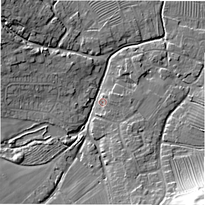 Shaded relief map of the ground around DE139DN, computed from Environment Agency LiDAR. The ground here sits at about 51 m above sea level and falls 23 m across the surrounding 800 m. Surface water reaching this point runs off ground lying to the east, 2.3 m higher.
