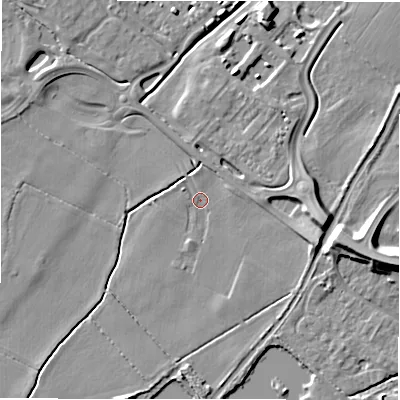 Shaded relief map of the ground around DE139FF, computed from Environment Agency LiDAR. The ground here sits at about 47 m above sea level and falls 8 m across the surrounding 800 m. Surface water reaching this point runs off ground lying to the east, 3.5 m higher.