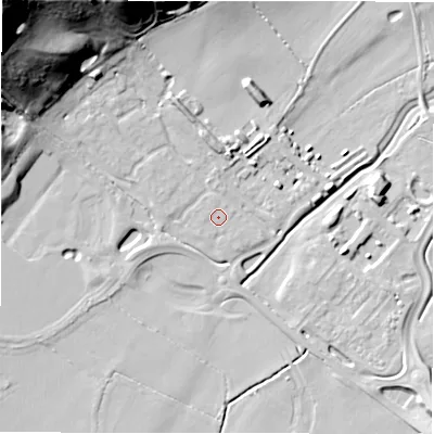 Shaded relief map of the ground around DE139FP, computed from Environment Agency LiDAR. The ground here sits at about 48 m above sea level and falls 51 m across the surrounding 800 m. The ground contributing surface water to this point lies to the west-north-west.