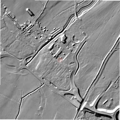 Shaded relief map of the ground around DE139FZ, computed from Environment Agency LiDAR. The ground here sits at about 47 m above sea level and falls 10 m across the surrounding 800 m. Surface water reaching this point runs off ground lying to the south-west, 2.0 m higher.