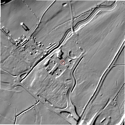 Shaded relief map of the ground around DE139GA, computed from Environment Agency LiDAR. The ground here sits at about 48 m above sea level and falls 19 m across the surrounding 800 m. Surface water reaching this point runs off ground lying to the south-west, 3.3 m higher.