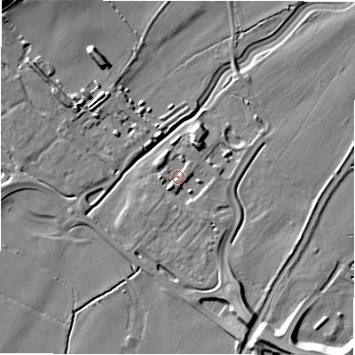 Shaded relief map of the ground around DE139GB, computed from Environment Agency LiDAR. The ground here sits at about 48 m above sea level and falls 12 m across the surrounding 800 m. Surface water reaching this point runs off ground lying to the south-south-west, 3.3 m higher.