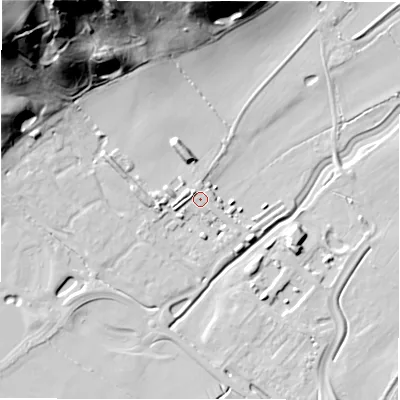 Shaded relief map of the ground around DE139GE, computed from Environment Agency LiDAR. The ground here sits at about 49 m above sea level and falls 59 m across the surrounding 800 m. Surface water reaching this point runs off ground lying to the north-west, 1.8 m higher.