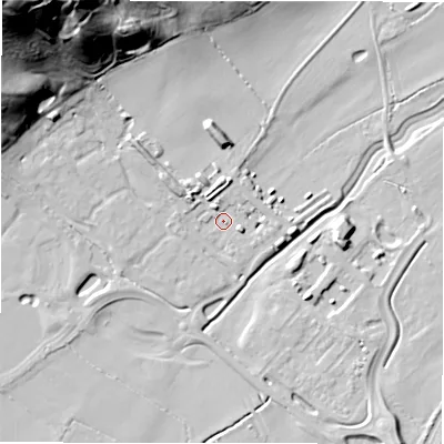 Shaded relief map of the ground around DE139GF, computed from Environment Agency LiDAR. The ground here sits at about 48 m above sea level and falls 53 m across the surrounding 800 m. Surface water reaching this point runs off ground lying to the north-west, 52.0 m higher.
