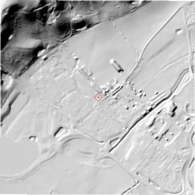 Shaded relief map of the ground around DE139GG, computed from Environment Agency LiDAR. The ground here sits at about 49 m above sea level and falls 62 m across the surrounding 800 m. Surface water reaching this point runs off ground lying to the north-north-west, 2.8 m higher.