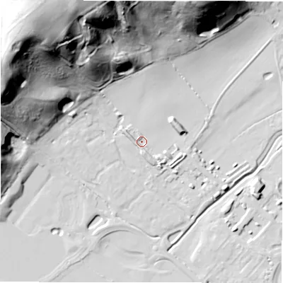 Shaded relief map of the ground around DE139GN, computed from Environment Agency LiDAR. The ground here sits at about 49 m above sea level and falls 63 m across the surrounding 800 m. Surface water reaching this point runs off ground lying to the north-west, 59.5 m higher.