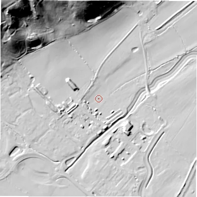 Shaded relief map of the ground around DE139GP, computed from Environment Agency LiDAR. The ground here sits at about 47 m above sea level and falls 59 m across the surrounding 800 m. Surface water reaching this point runs off ground lying to the north-west, 59.1 m higher.