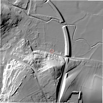 Shaded relief map of the ground around DE139HA, computed from Environment Agency LiDAR. The ground here sits at about 55 m above sea level and falls 38 m across the surrounding 800 m. Surface water reaching this point runs off ground lying to the south, 28.5 m higher.