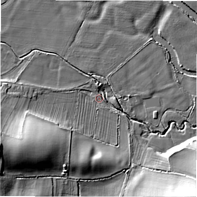 Shaded relief map of the ground around DE139HB, computed from Environment Agency LiDAR. The ground here sits at about 52 m above sea level and falls 23 m across the surrounding 800 m. Surface water reaching this point runs off ground lying to the west-south-west, 22.0 m higher.