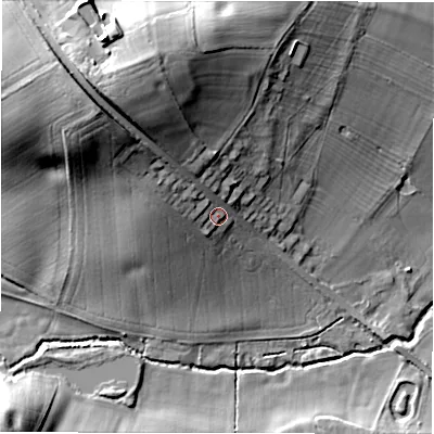 Shaded relief map of the ground around DE139HF, computed from Environment Agency LiDAR. The ground here sits at about 70 m above sea level and falls 30 m across the surrounding 800 m. Surface water reaching this point runs off ground lying to the north-west, 17.7 m higher.