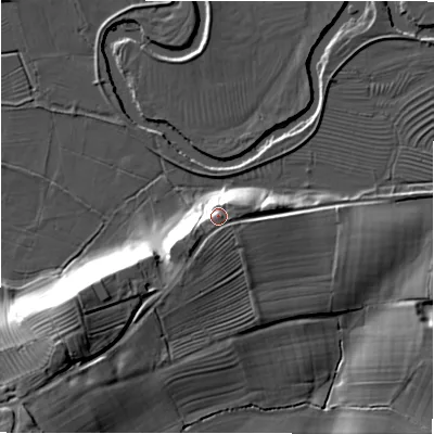Shaded relief map of the ground around DE139HR, computed from Environment Agency LiDAR. The ground here sits at about 68 m above sea level and falls 24 m across the surrounding 800 m. Surface water reaching this point runs off ground lying to the south-south-west, 3.9 m higher.