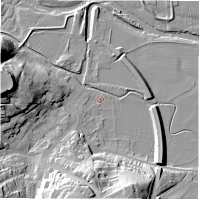 Shaded relief map of the ground around DE139LW, computed from Environment Agency LiDAR. The ground here sits at about 54 m above sea level and falls 37 m across the surrounding 800 m. Surface water reaching this point runs off ground lying to the west, 33.4 m higher.