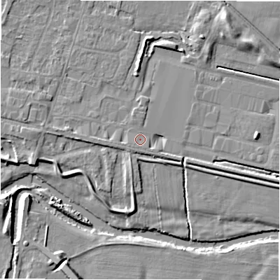 Shaded relief map of the ground around DE139LY, computed from Environment Agency LiDAR. The ground here sits at about 54 m above sea level and falls 8 m across the surrounding 800 m. Surface water reaching this point runs off ground lying to the west-south-west, 1.0 m higher.