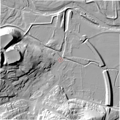 Shaded relief map of the ground around DE139LZ, computed from Environment Agency LiDAR. The ground here sits at about 55 m above sea level and falls 44 m across the surrounding 800 m. Surface water reaching this point runs off ground lying to the west-north-west, 35.7 m higher.