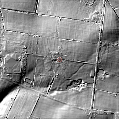 Shaded relief map of the ground around DE139RD, computed from Environment Agency LiDAR. The ground here sits at about 133 m above sea level and falls 18 m across the surrounding 800 m. Surface water reaching this point runs off ground lying to the east-north-east, 1.2 m higher.