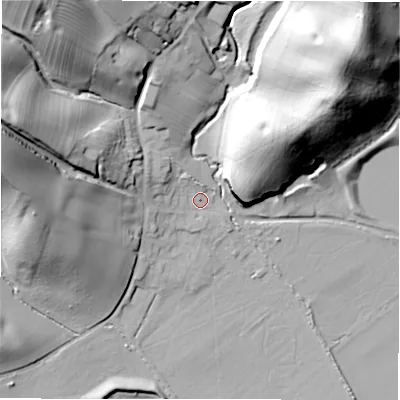 Shaded relief map of the ground around DE139SA, computed from Environment Agency LiDAR. The ground here sits at about 55 m above sea level and falls 43 m across the surrounding 800 m. Surface water reaching this point runs off ground lying to the north-west, 37.8 m higher.