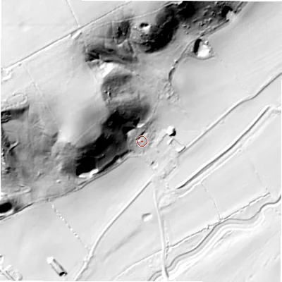 Shaded relief map of the ground around DE139SB, computed from Environment Agency LiDAR. The ground here sits at about 53 m above sea level and falls 61 m across the surrounding 800 m. Surface water reaching this point runs off ground lying to the north-west, 50.2 m higher.