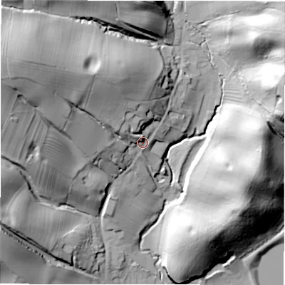 Shaded relief map of the ground around DE139SD, computed from Environment Agency LiDAR. The ground here sits at about 69 m above sea level and falls 54 m across the surrounding 800 m. Surface water reaching this point runs off ground lying to the north-north-west, 24.2 m higher.