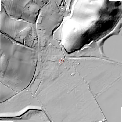 Shaded relief map of the ground around DE139SL, computed from Environment Agency LiDAR. The ground here sits at about 54 m above sea level and falls 42 m across the surrounding 800 m. Surface water reaching this point runs off ground lying to the north-west, 1.2 m higher.