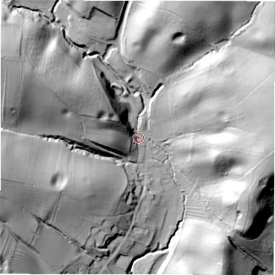 Shaded relief map of the ground around DE139SQ, computed from Environment Agency LiDAR. The ground here sits at about 64 m above sea level and falls 53 m across the surrounding 800 m. Surface water reaching this point runs off ground lying to the east, 42.8 m higher.