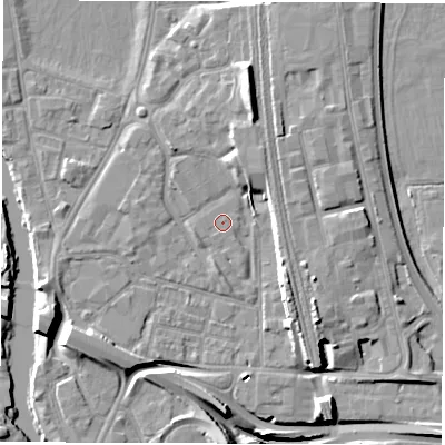 Shaded relief map of the ground around DE13AB, computed from Environment Agency LiDAR. The ground here sits at about 47 m above sea level and falls 13 m across the surrounding 800 m. The ground contributing surface water to this point lies to the north-east.