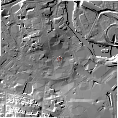 Shaded relief map of the ground around DE13AE, computed from Environment Agency LiDAR. The ground here sits at about 48 m above sea level and falls 25 m across the surrounding 800 m. Surface water reaching this point runs off ground lying to the north-north-west, 1.2 m higher.