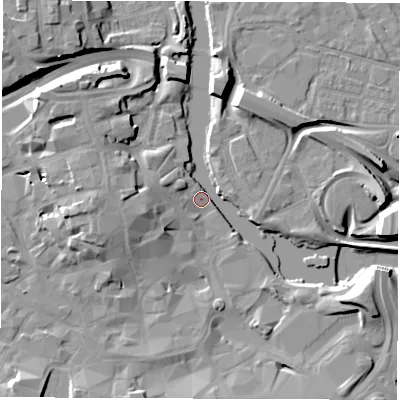 Shaded relief map of the ground around DE13AF, computed from Environment Agency LiDAR. The ground here sits at about 47 m above sea level and falls 15 m across the surrounding 800 m. Surface water reaching this point runs off ground lying to the west, 9.0 m higher.