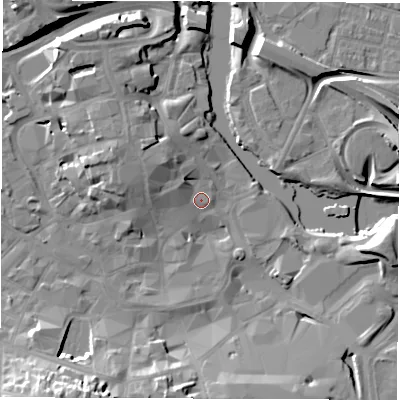 Shaded relief map of the ground around DE13AH, computed from Environment Agency LiDAR. The ground here sits at about 48 m above sea level and falls 20 m across the surrounding 800 m. Surface water reaching this point runs off ground lying to the north-west, 5.2 m higher.