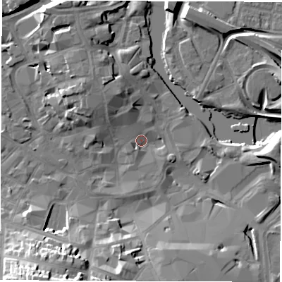Shaded relief map of the ground around DE13AR, computed from Environment Agency LiDAR. The ground here sits at about 47 m above sea level and falls 25 m across the surrounding 800 m. Surface water reaching this point runs off ground lying to the north-west, 8.2 m higher.