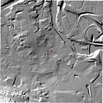 Shaded relief map of the ground around DE13AS, computed from Environment Agency LiDAR. The ground here sits at about 47 m above sea level and falls 24 m across the surrounding 800 m. Surface water reaching this point runs off ground lying to the north-west, 8.2 m higher.