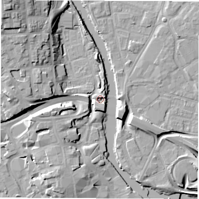 Shaded relief map of the ground around DE13AT, computed from Environment Agency LiDAR. The ground here sits at about 47 m above sea level and falls 22 m across the surrounding 800 m. Surface water reaching this point runs off ground lying to the south-south-east, 4.2 m higher.