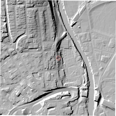 Shaded relief map of the ground around DE13AY, computed from Environment Agency LiDAR. The ground here sits at about 52 m above sea level and falls 30 m across the surrounding 800 m. Surface water reaching this point runs off ground lying to the west-north-west, 9.2 m higher.