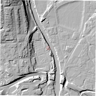 Shaded relief map of the ground around DE13BA, computed from Environment Agency LiDAR. The ground here sits at about 48 m above sea level and falls 31 m across the surrounding 800 m. Surface water reaching this point runs off ground lying to the west-north-west, 16.5 m higher.