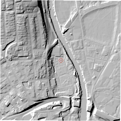 Shaded relief map of the ground around DE13BS, computed from Environment Agency LiDAR. The ground here sits at about 47 m above sea level and falls 32 m across the surrounding 800 m. Surface water reaching this point runs off ground lying to the west-north-west, 18.4 m higher.