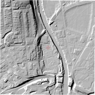 Shaded relief map of the ground around DE13BT, computed from Environment Agency LiDAR. The ground here sits at about 47 m above sea level and falls 32 m across the surrounding 800 m. Surface water reaching this point runs off ground lying to the west-north-west, 18.4 m higher.