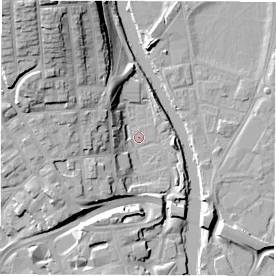 Shaded relief map of the ground around DE13BU, computed from Environment Agency LiDAR. The ground here sits at about 47 m above sea level and falls 29 m across the surrounding 800 m. Surface water reaching this point runs off ground lying to the west-north-west, 18.4 m higher.